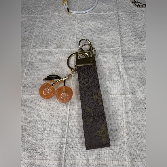 Louis vuttion Upcycled Brown and Gold Keychain with Cherry Charm